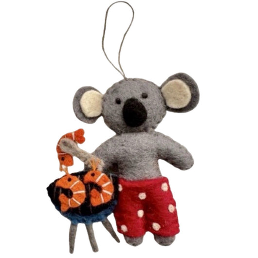 KOALA IN BOARDSHORTS COOKING PRAWNS ON THE BARBIE